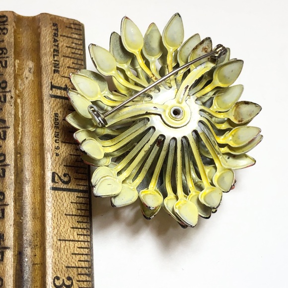 Vintage enamel orange yellow flower brooch pin